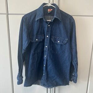 Red Kap Mens Denim Work Shirt Dark Wash Long Sleeve Snap Button Utility Blue